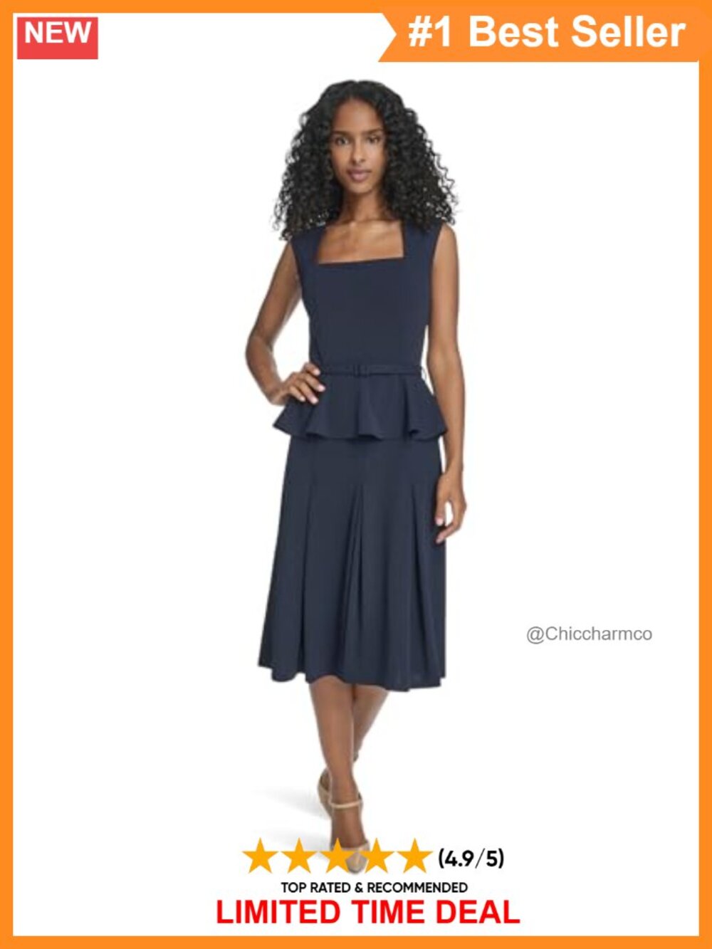 Scuba Crepe Belted Peplum A-Line Midi Dress Short Sleeve Square Neck